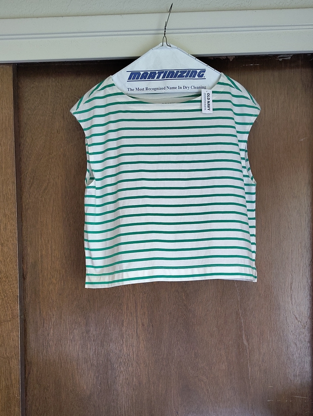 Old Navy White and Green Striped Cap-Sleeve Tee